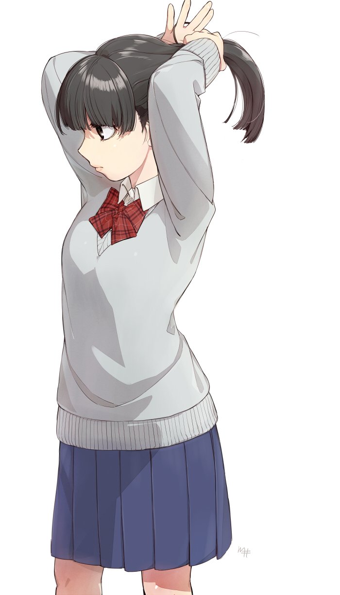 1girl adjusting_hair arms_up bangs black_hair blue_skirt bow bowtie collared_shirt commentary_request grey_sweater hair_tie highres kawai_makoto lips long_sleeves looking_to_the_side plaid_neckwear pleated_skirt ponytail profile red_neckwear shiny shiny_hair shirt short_hair simple_background skirt solo standing tying_hair white_background wing_collar