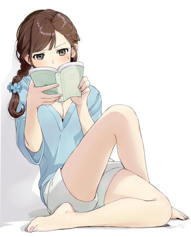 1girl blue_flower blue_shirt blush book braid breasts brown_eyes brown_hair cleavage commentary_request eyebrows_visible_through_hair fingernails flower full_body hair_flower hair_ornament holding holding_book kawai_makoto legs_crossed long_hair looking_at_book medium_breasts nail_polish open_book pink_nails reading shiny shiny_hair shirt shorts simple_background sitting solo sweat sweatdrop toenail_polish white_background white_shorts wide_sleeves