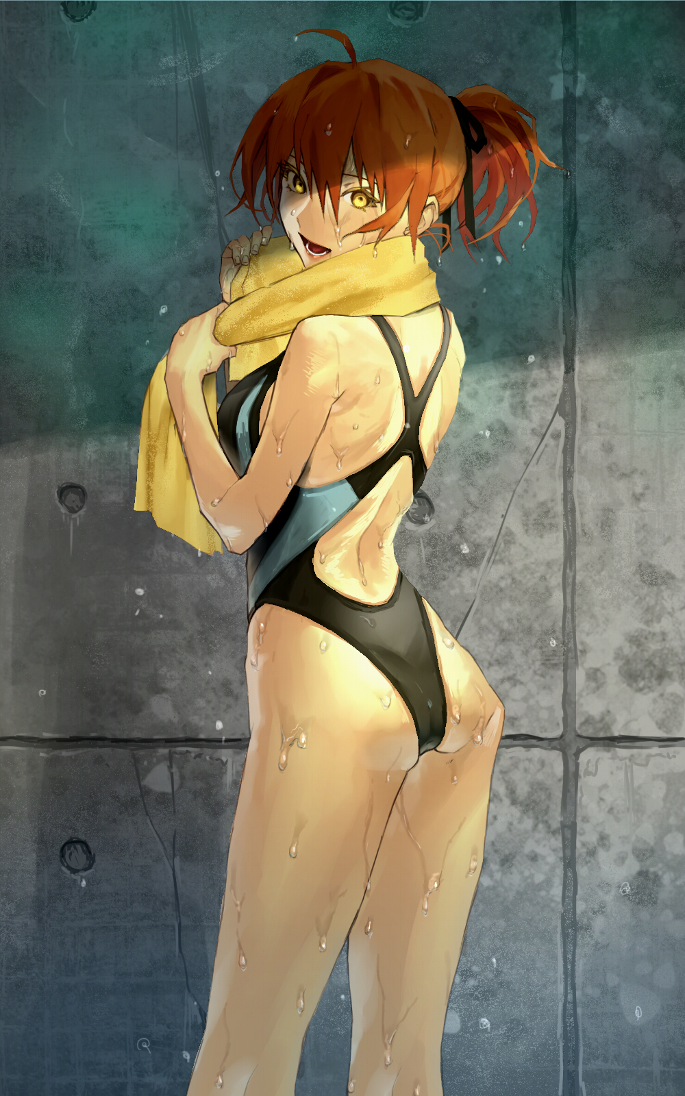 1girl ass black_swimsuit competition_swimsuit cowboy_shot fate/grand_order fate_(series) from_behind fujimaru_ritsuka_(female) highres looking_at_viewer looking_back one-piece_swimsuit open_mouth orange_hair ponytail solo standing swimsuit towel tsukima wet wet_clothes wet_swimsuit yellow_eyes