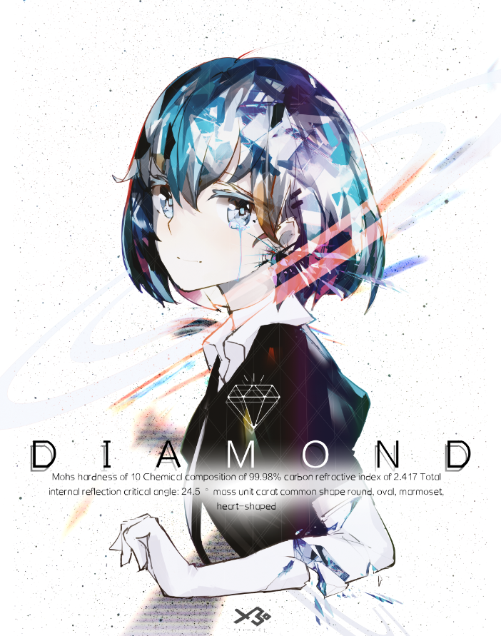 androgynous black_neckwear black_shirt blue_eyes blue_hair broken closed_mouth collared_shirt commentary diamond_(houseki_no_kuni) elbow_gloves english from_side gloves hair_between_eyes houseki_no_kuni looking_at_viewer looking_to_the_side necktie openvl puffy_short_sleeves puffy_sleeves shirt short_hair short_sleeves solo tears truth upper_body white_gloves white_shirt wing_collar