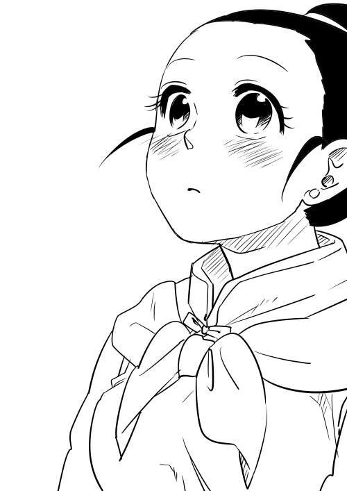 1girl black_eyes black_hair blush chi-chi_(dragon_ball) chinese_clothes dragon_ball dragonball_z earrings expressionless fukuko_fuku jewelry looking_away monochrome simple_background solo_focus tied_hair white_background