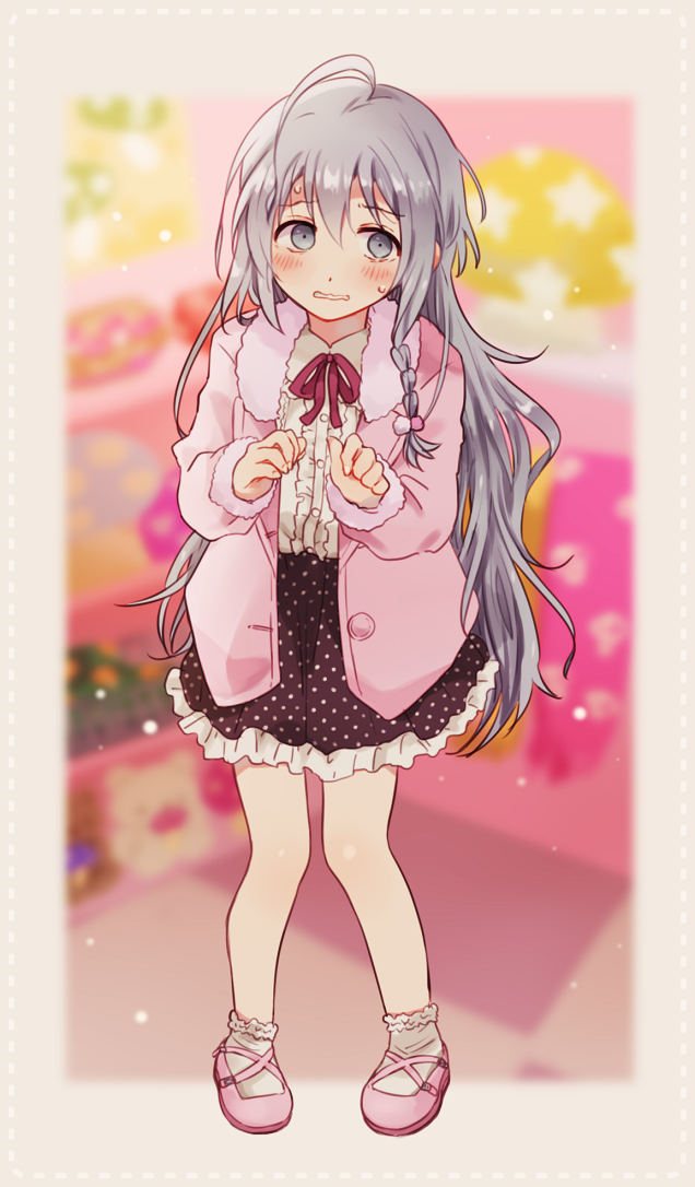 1girl ahoge bangs blush braid buttons center_frills collarbone dress_shirt eyebrows_visible_through_hair fingernails frilled_skirt frills full_body fur-trimmed_jacket fur_collar fur_trim grey_eyes grey_hair gurumi_mami hair_between_eyes hands_up hoshi_shouko idolmaster idolmaster_cinderella_girls jacket long_hair long_sleeves looking_to_the_side neck_ribbon open_clothes open_jacket open_mouth pink_footwear pink_jacket polka_dot polka_dot_skirt red_ribbon ribbon shirt shoes side_braid skirt skirt_set solo standing sweatdrop very_long_hair wavy_mouth white_shirt