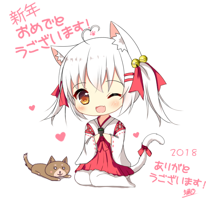1girl 2018 ;d ahoge animal animal_ears bangs bell blush brown_eyes cat_ears cat_girl cat_tail chibi commentary_request cup dog eyebrows_visible_through_hair fang green_tea hair_bell hair_between_eyes hair_ornament hair_ribbon hairclip hakama happy_new_year head_tilt heart heart_ahoge holding holding_cup japanese_clothes jingle_bell long_sleeves looking_at_viewer lying miko new_year no_shoes on_stomach one_eye_closed open_mouth original pantyhose paw_print red_hakama red_ribbon ribbon ribbon-trimmed_sleeves ribbon_trim short_hair sitting smile solo tail tea translated twintails white_background white_hair white_legwear wide_sleeves xiaosamiao year_of_the_dog yokozuwari yunomi