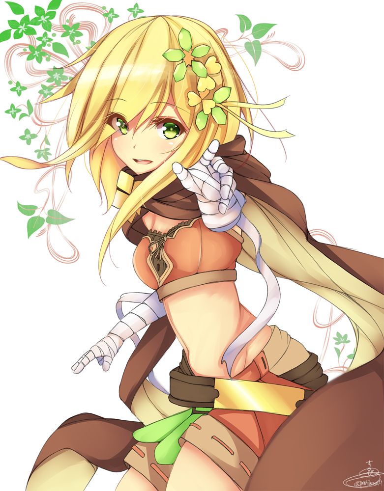 1girl bandage belt blonde_hair brown_scarf cowboy_shot crop_top flower_knight_girl green_eyes katabami_(flower_knight_girl) looking_at_viewer orange_shorts outstretched_hand short_hair shorts simple_background smile solo suzume_(simple0091) white_background