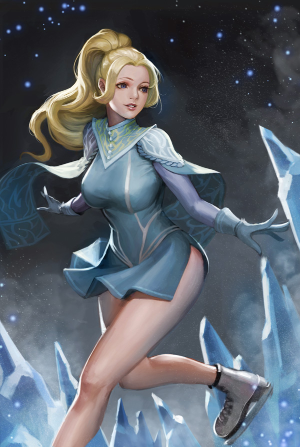 1girl blonde_hair blue_eyes breasts capelet fur_trim gloves ice ice_skates kolin long_hair looking_to_the_side parted_lips phamoz skates smile solo street_fighter street_fighter_v