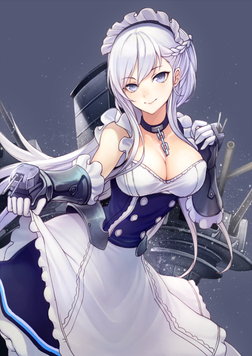 1girl apron azur_lane bangs belfast_(azur_lane) blue_background blue_eyes breasts chains cleavage closed_mouth collar curtsey eyebrows_visible_through_hair frilled_apron frills gauntlets half-closed_eyes hands_up kyoeiki large_breasts long_hair looking_at_viewer maid maid_headdress silver_hair simple_background smile solo tsurime turret white_hair