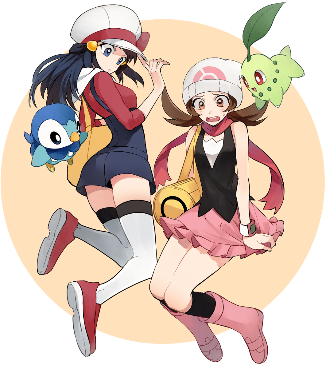 2girls beanie blue_hair boots brown_hair chikorita cosplay costume_switch hat highres hikari_(pokemon) hikari_(pokemon)_(cosplay) kotone_(pokemon) kotone_(pokemon)_(cosplay) kouki_(pokemon) long_hair multiple_girls open_mouth overalls pink_footwear piplup pokemon pokemon_(creature) pokemon_(game) pokemon_dppt pokemon_hgss ribbon scarf skirt thigh-highs yukin_(es)