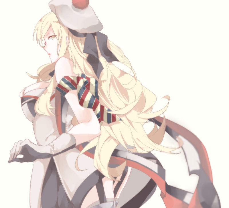 1girl beret blonde_hair dress gloves hat kantai_collection long_hair looking_at_viewer mole mole_under_eye multicolored multicolored_clothes multicolored_dress multicolored_gloves multicolored_scarf pom_pom_(clothes) profile richelieu_(kantai_collection) saiko_(saisaka) scarf solo strapless strapless_dress white_dress white_gloves white_hat yellow_eyes
