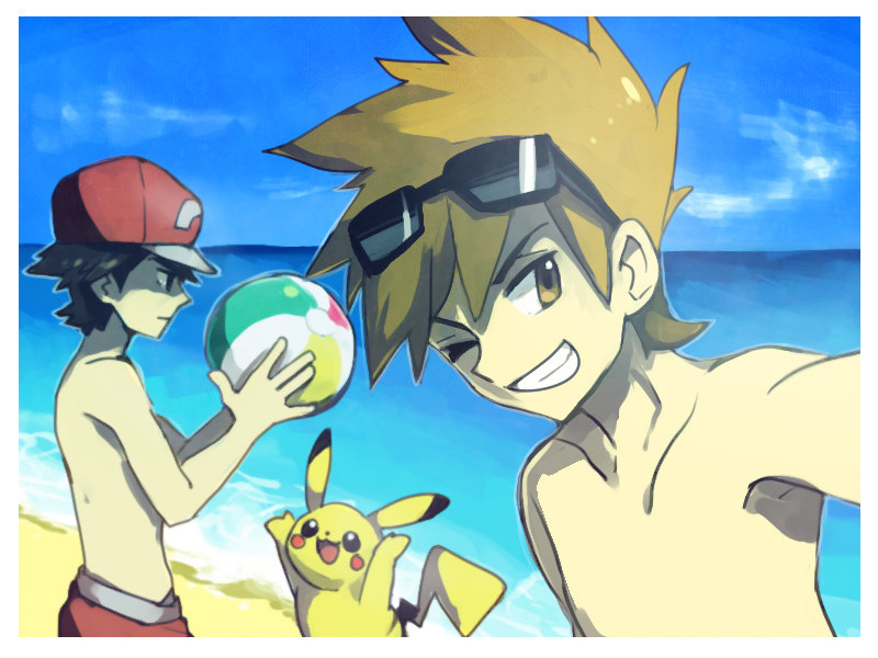 2boys ball baseball_cap beach beachball black_hair expressionless eyewear_on_head hat male_swimwear multiple_boys ocean one_eye_closed ookido_green ookido_green_(sm) orange_hair pikachu pokemon pokemon_(game) pokemon_rgby pokemon_sm red_(pokemon) red_(pokemon)_(remake) short_hair smile sunglasses swim_trunks yoyterra