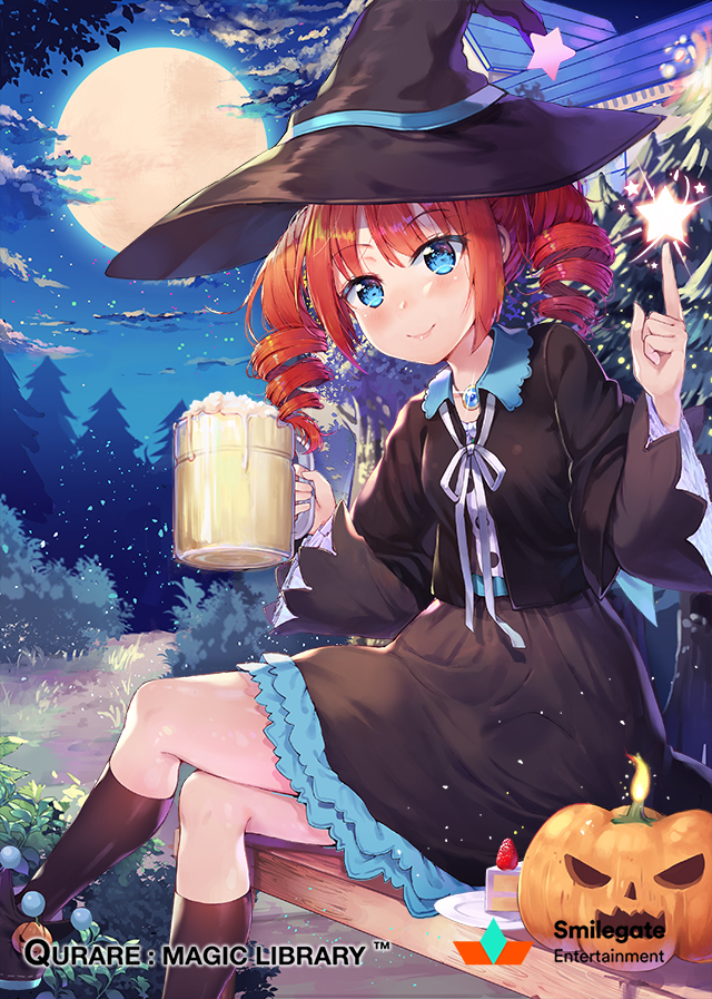 1girl alcohol beer beer_mug bench black_hat black_legwear blue_ribbon breasts cake company_name copyright_name drill_hair food fruit halloween hat hat_ribbon index_finger_raised jack-o'-lantern kneehighs legs_crossed long_sleeves medium_breasts official_art orange_hair plate qurare_magic_library ribbon shoonear short_hair sitting solo star strawberry twin_drills witch_hat