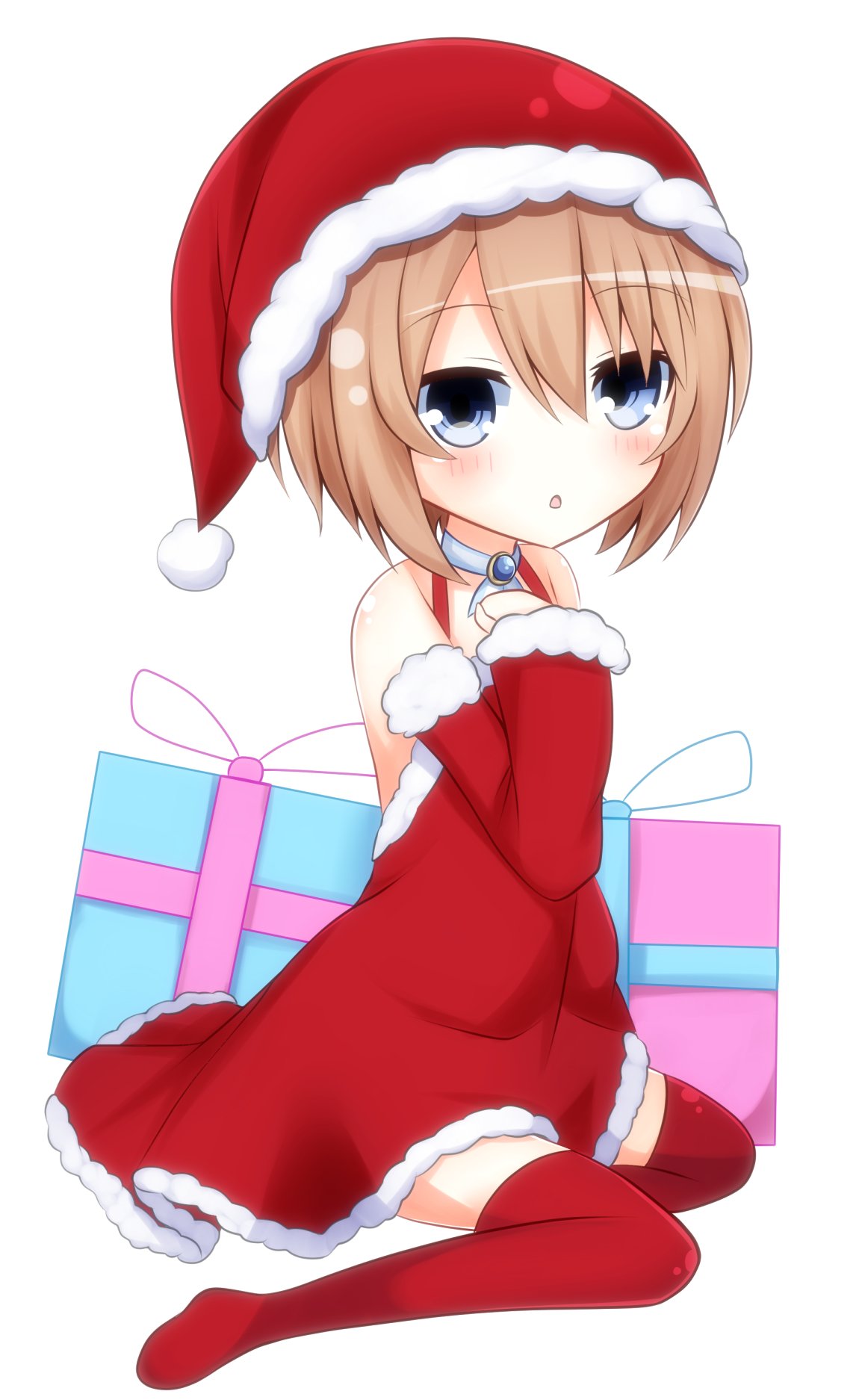 1girl :o bare_shoulders blanc blue_eyes blush detached_sleeves dress gift haru_blanc0316 hat highres looking_at_viewer neptune_(series) red_dress red_legwear santa_costume santa_hat seiza short_hair shoulder_strap simple_background sitting solo thigh-highs white_background