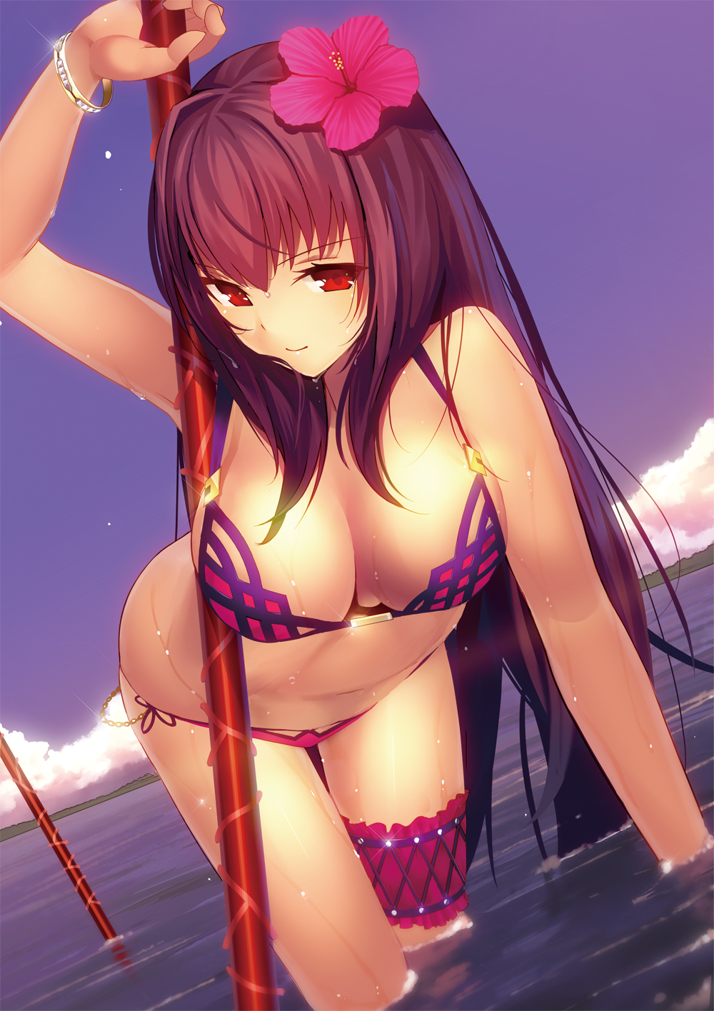 1girl bikini bracelet breasts cleavage clouds commentary dutch_angle fate/grand_order fate_(series) flower hair_flower hair_ornament hibiscus highres jewelry large_breasts leaning_forward long_hair looking_at_viewer machimura_komori navel polearm red_eyes revision scathach_(fate/grand_order) scathach_(swimsuit_assassin)_(fate) smile solo swimsuit wading weapon wet