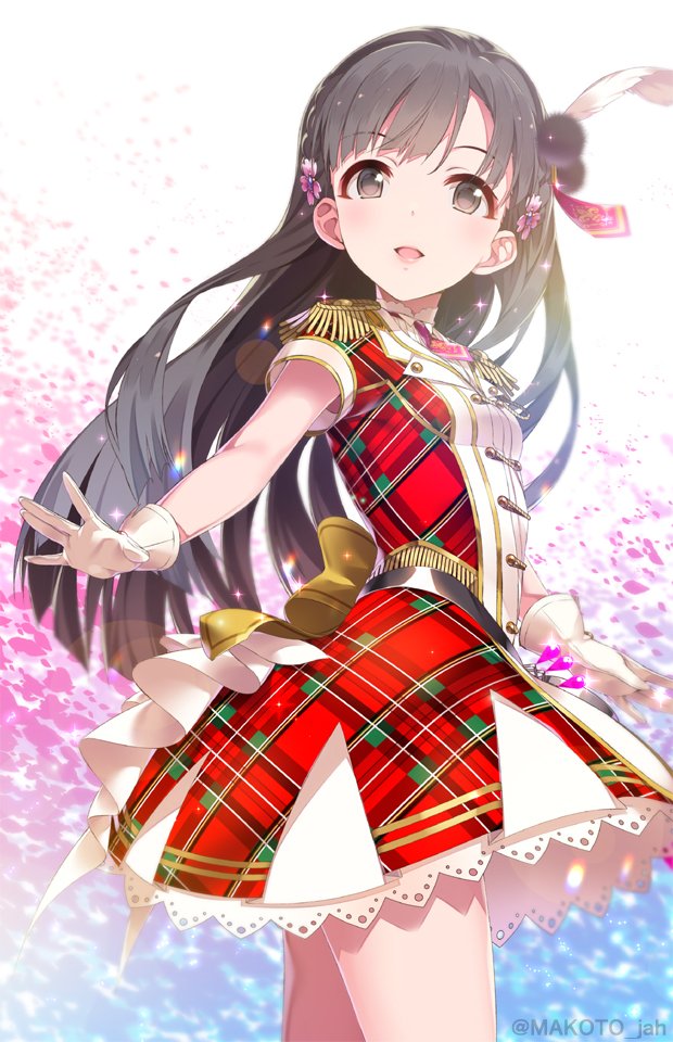 1girl \||/ across_the_stars armpit_peek bangs belt black_hair blunt_bangs blush braid breasts brown_eyes cowboy_shot dress epaulettes eyebrows_visible_through_hair feathers floral_background flower from_side gloves hair_feathers hair_flower hair_ornament happy_birthday idolmaster idolmaster_cinderella_girls kobayakawa_sae lace lipstick long_hair looking_at_viewer makeup mizuki_makoto necktie open_mouth petals plaid plaid_dress ribbon short_sleeves small_breasts smile solo straight_hair twitter_username white_gloves