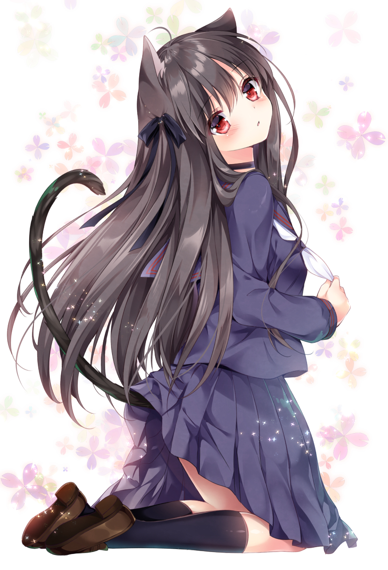 1girl ahoge amelie-san_(nogi_takayoshi) animal_ears black_hair black_legwear bow cat_ears cat_tail choker commentary_request hair_bow hair_ribbon head_tilt kneehighs kneeling long_hair looking_at_viewer nogi_takayoshi original parted_lips pleated_skirt red_eyes ribbon school_uniform serafuku shaft_look skirt solo tail