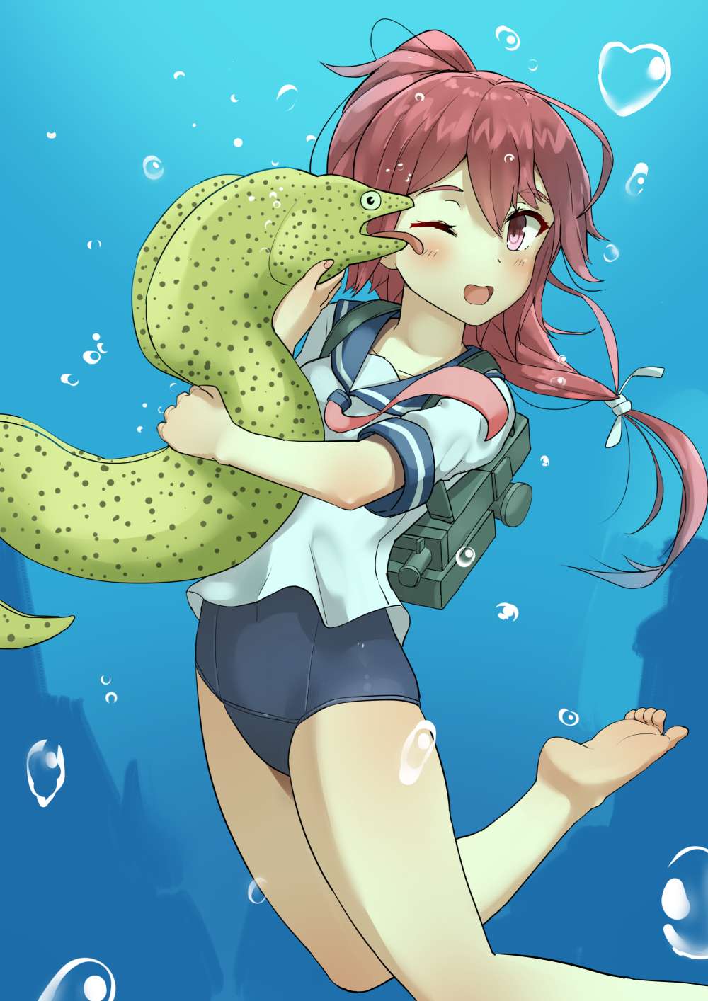 1girl air_bubble backpack bag barefoot blue_sailor_collar blue_swimsuit bubble eel hair_ribbon highres i-168_(kantai_collection) kantai_collection licking long_hair moray_eel pink_neckwear ponytail red_eyes redhead ribbon school_swimsuit school_uniform serafuku soil_chopsticks swimsuit underwater