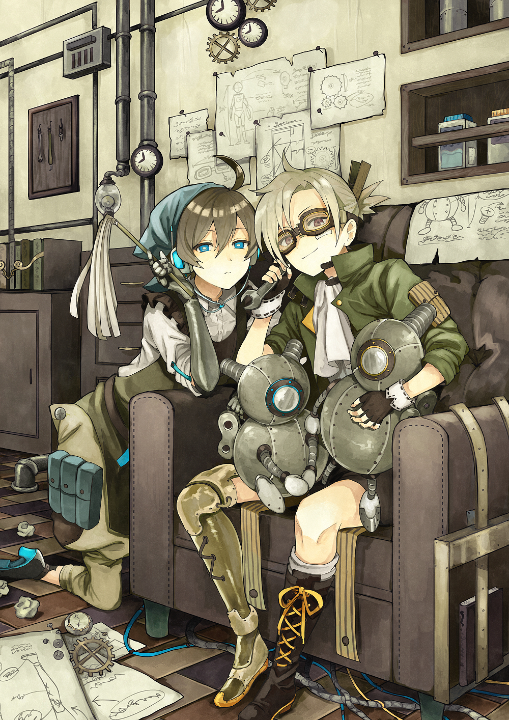 ahoge androgynous black_hair blue_eyes blueprint boots brown_eyes couch drawer duster expressionless fingerless_gloves gears gloves goggles grey_hair headphones highres kurodeko looking_at_viewer mechanical_arm mechanical_leg neckerchief original ponytail prosthesis robot short_hair short_ponytail smile steampunk wrench