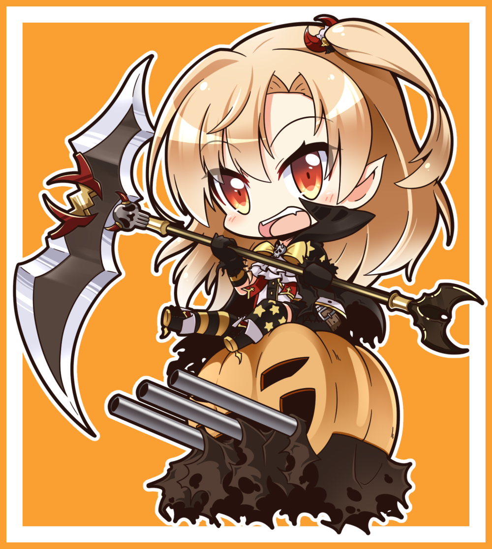 1girl :d azur_lane black_gloves bow bowtie brown_eyes cape chibi cleveland_(azur_lane) commentary_request devil_fever_(azur_lane) gloves halloween holding jack-o'-lantern light_brown_hair long_hair looking_at_viewer machinery mismatched_legwear one_side_up open_mouth scythe shachoo. short_shorts shorts smile solo thigh-highs turret zettai_ryouiki