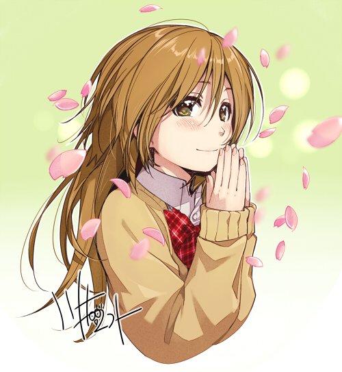 1girl artist_name bangs blush bow bowtie brown_eyes cherry_blossoms closed_mouth collared_shirt commentary_request eyebrows_visible_through_hair fingernails gradient gradient_background green_background hair_between_eyes hands_together kawai_makoto koufuku_graffiti light_brown_hair long_hair long_sleeves looking_at_viewer petals plaid_neckwear red_neckwear school_uniform shiina_(koufuku_graffiti) shirt sleeves_past_wrists smile solo two-tone_background upper_body white_background white_shirt wing_collar