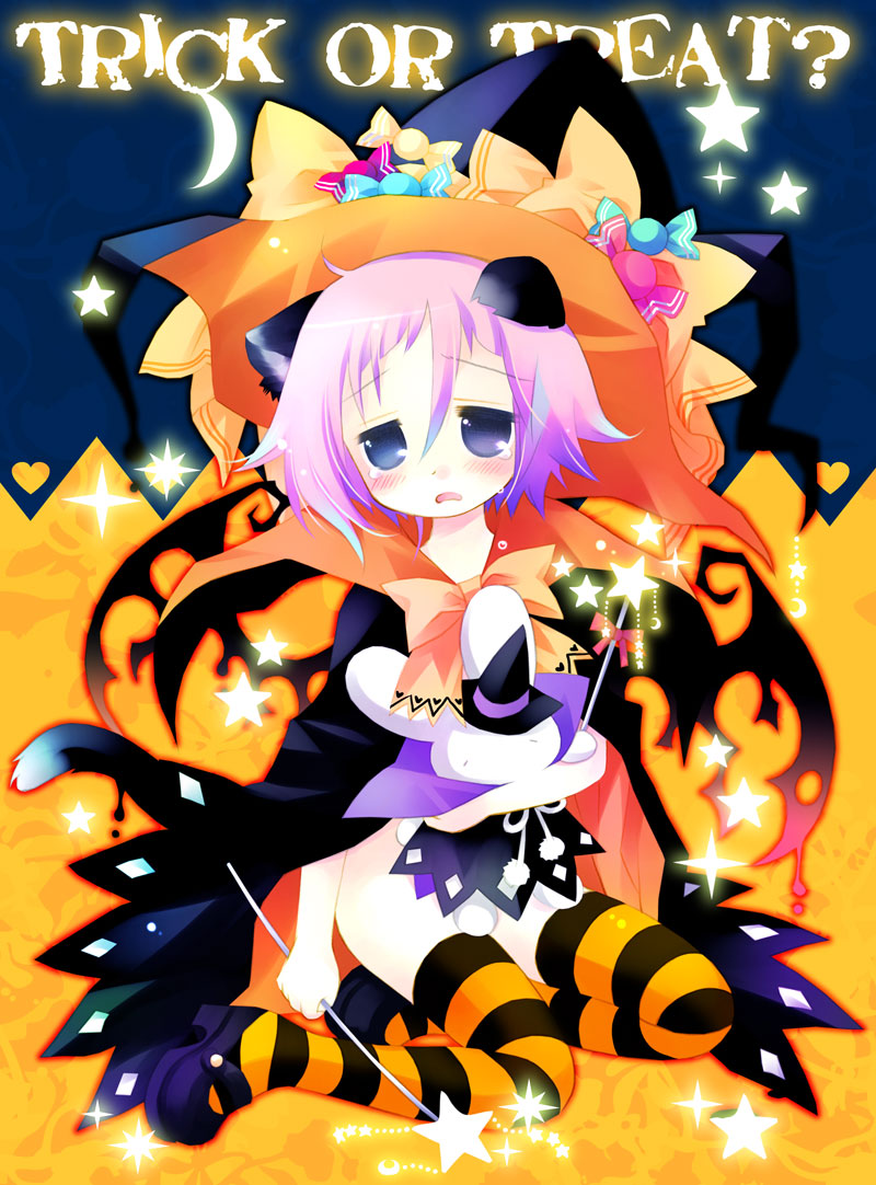 androgynous animal_ears bangs black_cape black_footwear black_hat black_wings blue_eyes blush bow bowtie candy_wrapper cape cat_ears cat_tail commentary_request crona_(soul_eater) dripping eyebrows_visible_through_hair full_body hair_between_eyes halloween hat head_tilt heart holding holding_wand looking_at_viewer mary_janes naked_cape object_hug orange_neckwear parted_lips purple_hair sakurazawa_izumi shoes sitting solo soul_eater sparkle star striped striped_legwear stuffed_animal stuffed_bunny stuffed_toy tail tears thigh-highs trick_or_treat wand wings witch_hat yokozuwari