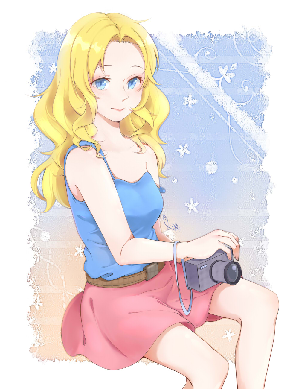 1girl bare_shoulders belt blonde_hair blue_shirt camera closed_mouth green_eyes haley_(stardew_valley) highres invisible_chair long_hair man_yu_yuhu miniskirt pink_lips red_skirt shirt sitting skirt stardew_valley strap_slip tank_top wavy_hair