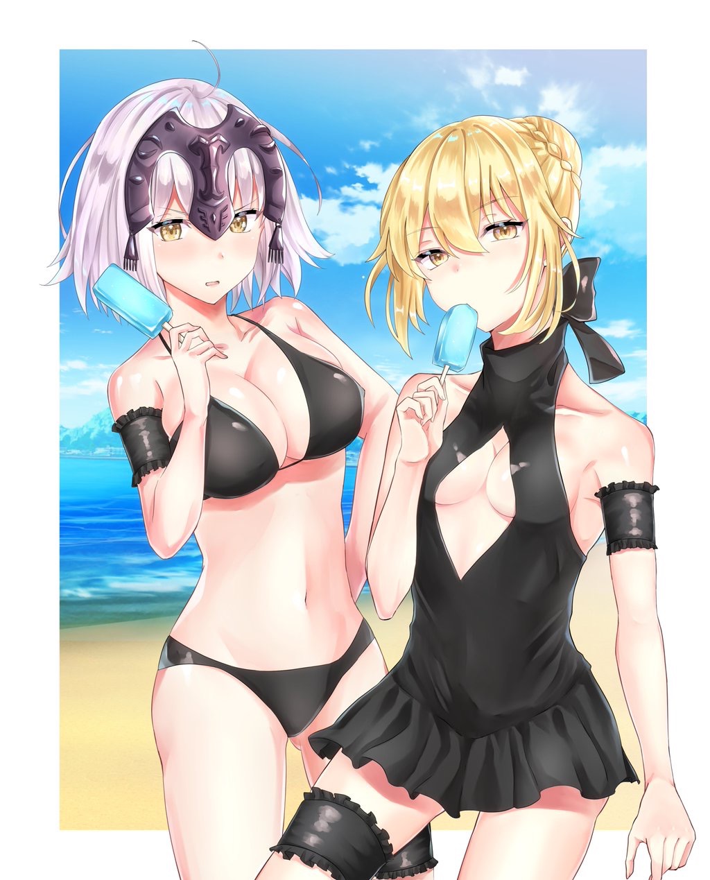 2girls ahoge artoria_pendragon_(swimsuit_rider_alter)_(fate) bare_shoulders blonde_hair blush breasts cleavage cleavage_cutout closed_mouth collarbone eyebrows_visible_through_hair fate/grand_order fate_(series) food headpiece highres jeanne_alter large_breasts looking_at_viewer medium_breasts multiple_girls navel parted_lips popsicle rossa_(pixiv27548922) ruler_(fate/apocrypha) short_hair swimsuit white_hair yellow_eyes