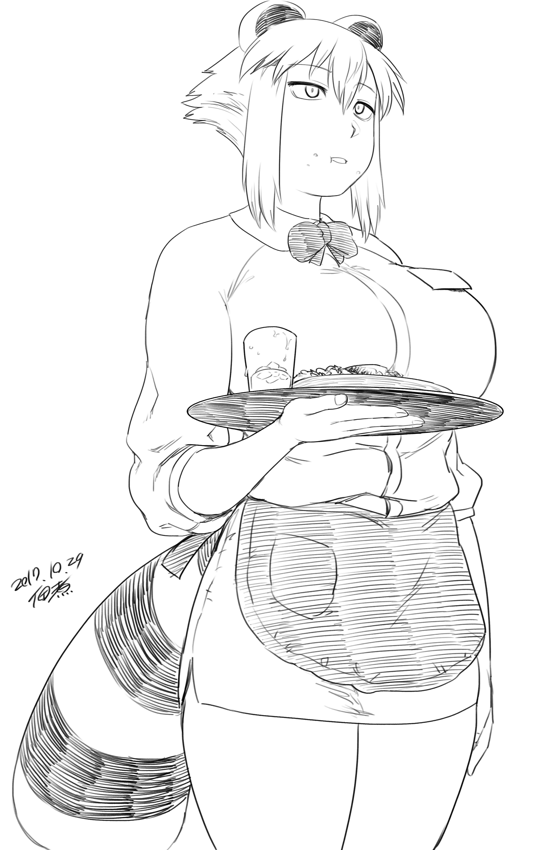 1girl animal_ears apron araiguma-san bow bowtie breasts commentary cowboy_shot cup dated eating expressionless eyebrows_visible_through_hair food food_on_face greyscale jitome large_breasts line_shading miniskirt monochrome name_tag original pencil_skirt raccoon_ears raccoon_tail short_hair signature simple_background skirt solo tail tray tsukudani_(coke-buta) waitress white_background