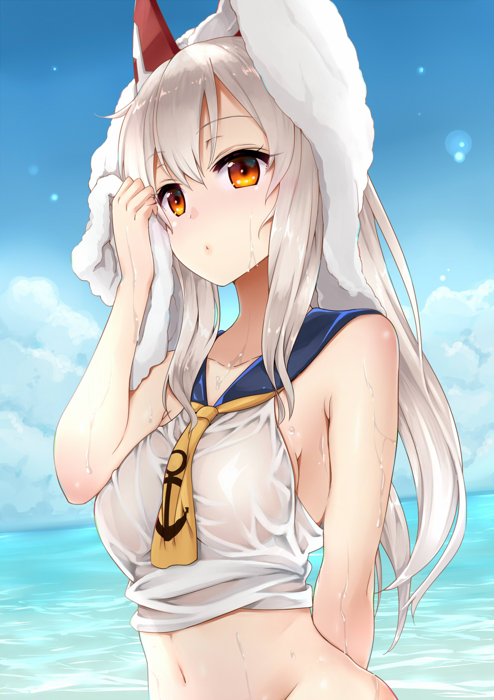 1girl amasora_taichi ayanami_(azur_lane) azur_lane bangs blue_sky blush breasts brown_eyes closed_mouth clouds cloudy_sky collarbone crop_top day drying drying_hair eyebrows_visible_through_hair hand_up highres long_hair medium_breasts navel orange_eyes outdoors sidelocks silver_hair sky sleeveless solo towel towel_on_head upper_body
