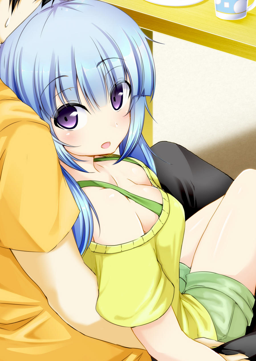 1boy 1girl :d bangs bare_shoulders between_legs black_pants blue_hair blush bra_strap breasts cleavage collarbone cup downblouse eyebrows_visible_through_hair green_shorts head_out_of_frame hetero highres indoors kawasaki_keika long_hair medium_breasts off-shoulder_shirt open_mouth pants shirt short_sleeves shorts sitting smile solo_focus sweat table tareme thighs violet_eyes yahari_ore_no_seishun_lovecome_wa_machigatteiru. yellow_shirt yuu_(oosakazaijyuu)