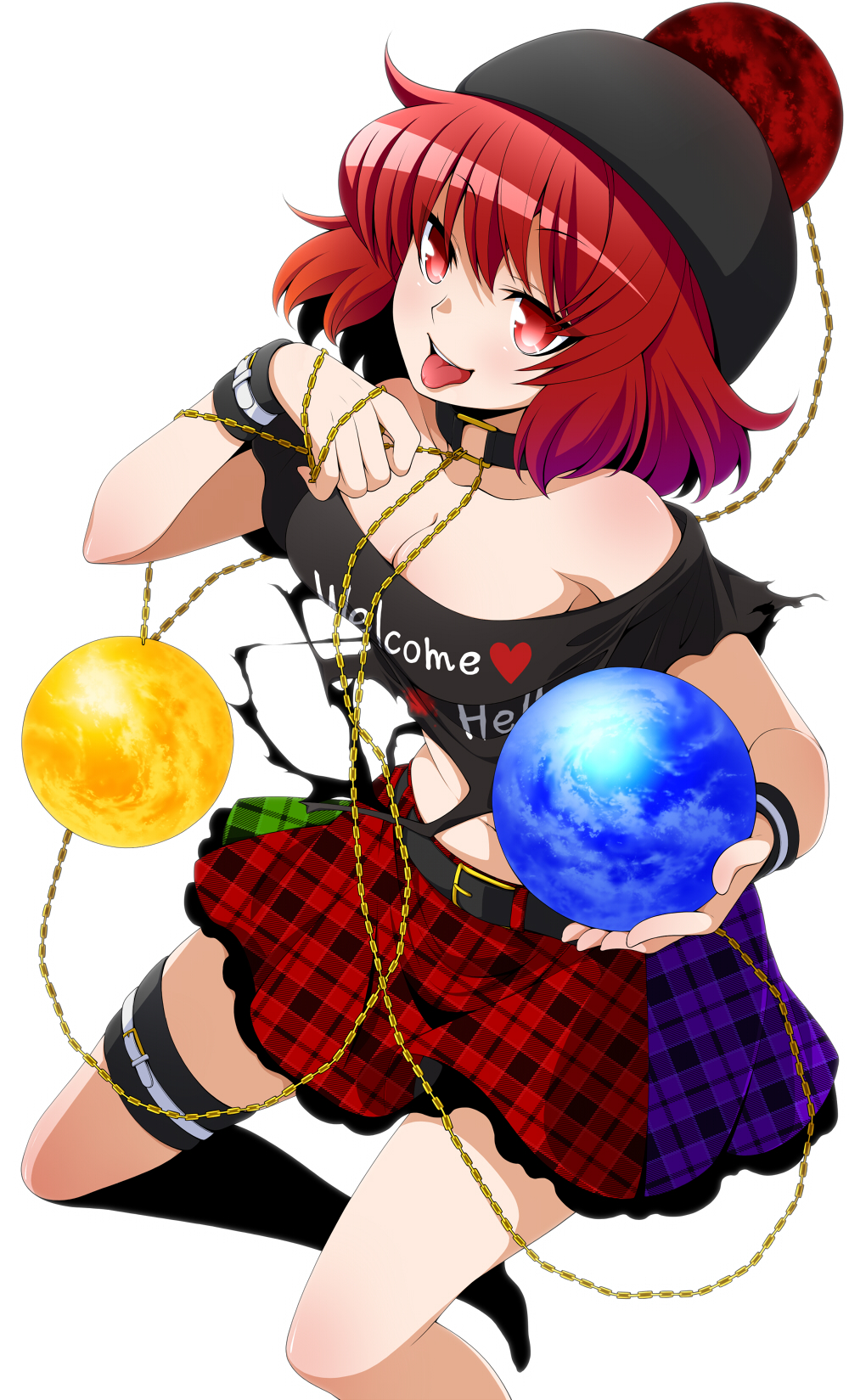 1girl bangs bare_shoulders belt black_shirt breasts chains cleavage collar earth_(ornament) eichi_yuu eyebrows_visible_through_hair hecatia_lapislazuli highres holding looking_at_viewer medium_breasts miniskirt moon_(ornament) multicolored multicolored_clothes multicolored_skirt off-shoulder_shirt plaid plaid_skirt polos_crown red_eyes redhead shirt simple_background skirt smile solo t-shirt thigh_strap tongue tongue_out touhou unmoving_pattern white_background