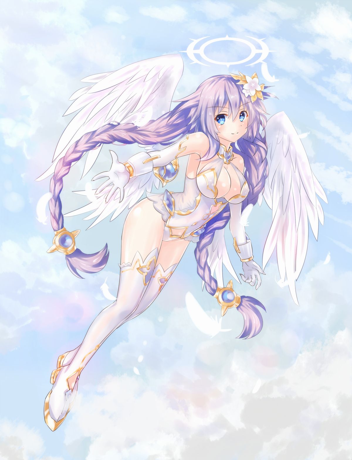 1girl bare_shoulders blue_eyes boots braid breasts cleavage clouds cloudy_sky feathered_wings flower four_goddesses_online:_cyber_dimension_neptune full_body gloves hair_flower hair_ornament halo highres jewelry kazuneko_(wktk1024) large_breasts leotard looking_at_viewer neptune_(series) power_symbol purple_hair purple_heart reaching_out sky smile solo symbol-shaped_pupils thigh-highs thigh_boots twin_braids twintails white_gloves white_legwear white_leotard wings