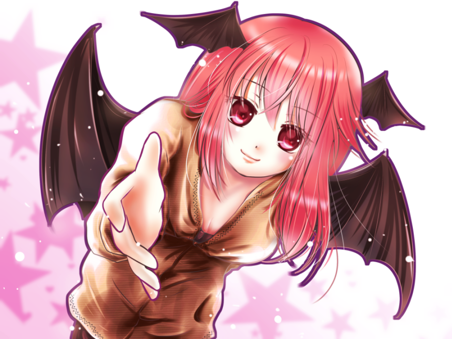 1girl alternate_costume bat_wings black_bra blush bra breasts cleavage commentary_request downblouse eyebrows_visible_through_hair foreshortening gradient gradient_background head_wings koakuma light_particles lips long_hair long_sleeves looking_at_viewer outline outstretched_arm red_eyes redhead sidelocks simple_background smile solo star tsukiori_sasa underwear wings