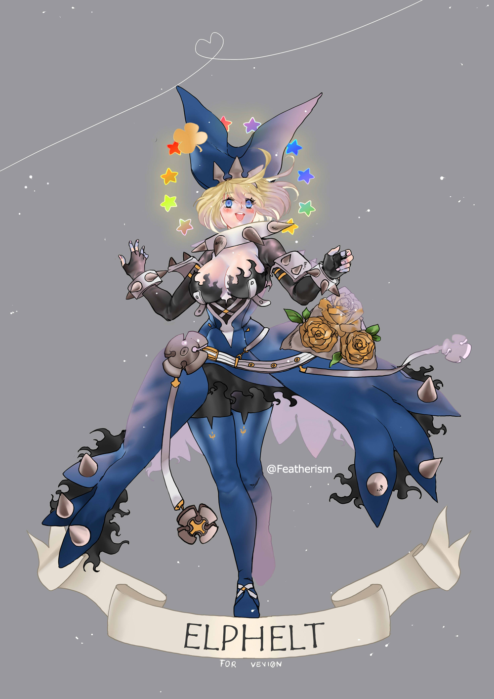1girl alternate_color alternate_eye_color alternate_hair_color black_legwear blonde_hair blue_dress blue_eyes blue_footwear boots bouquet bracelet breasts character_name cleavage collar commission dress elphelt_valentine featherism_(yuna) fingerless_gloves flower full_body gloves guilty_gear guilty_gear_xrd highres jewelry large_breasts pantyhose rose short_hair solo spiked_bracelet spiked_collar spikes spoilers thigh-highs thigh_boots