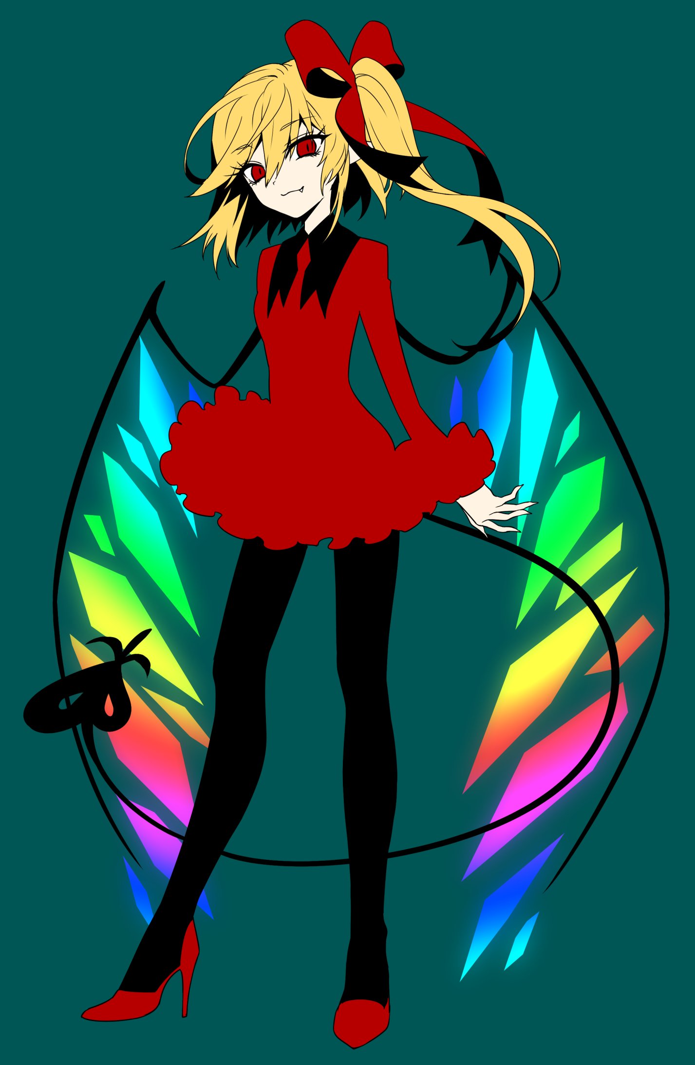 1girl :3 black_legwear blonde_hair closed_mouth dress fang_out flandre_scarlet flat_color full_body hair_between_eyes hair_ribbon high_heels highres kuronohana laevatein_(tail) long_hair long_sleeves pantyhose red_dress red_eyes red_footwear red_ribbon ribbon short_dress side_ponytail simple_background smile solo standing tail touhou wings