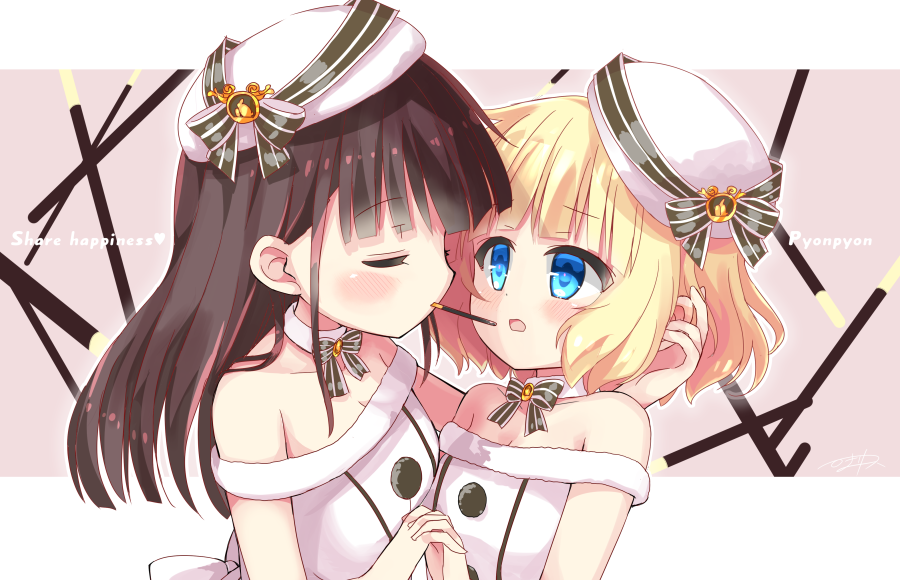 2girls :o bangs bare_shoulders blonde_hair blue_eyes blunt_bangs blush bow bowtie breasts brooch choker cleavage closed_eyes closed_mouth commentary_request dress english eyebrows_visible_through_hair food gochuumon_wa_usagi_desu_ka? grey_neckwear hand_holding hat heart himarisu_(hida_mari) interlocked_fingers jewelry kirima_sharo long_hair looking_at_another medium_breasts mouth_hold multiple_girls off_shoulder open_mouth pocky short_hair sidelocks small_breasts straight_hair two-tone_background ujimatsu_chiya upper_body white_dress white_hat white_neckwear yuri