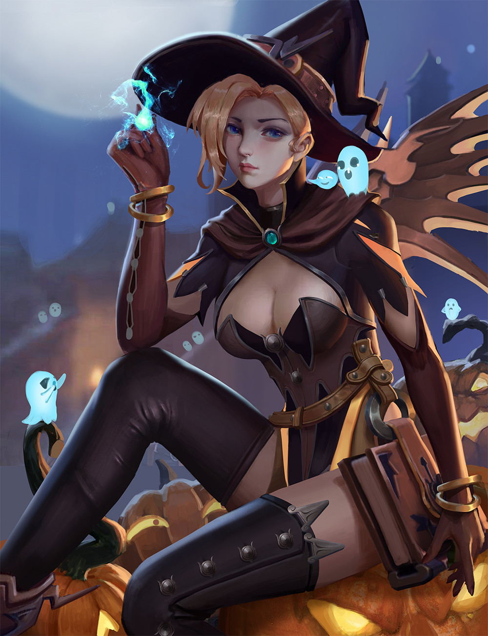 1girl alternate_costume arm_at_side arm_up black_hat black_legwear blonde_hair blue_eyes bracelet breasts brown_gloves cape closed_eyes commentary elbow_gloves ghost gloves gold halloween halloween_costume hat highres jack-o'-lantern jewelry large_breasts lips looking_at_viewer magic md5_mismatch mercy_(overwatch) nose on_pumpkin overwatch pumpkin red_lips short_hair sitting solo thigh-highs witch witch_hat witch_mercy z_boo