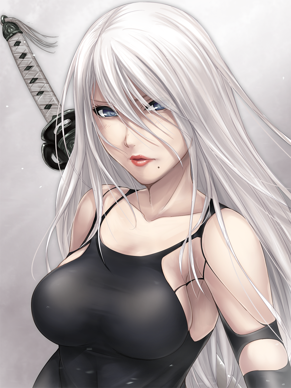 1girl android bare_shoulders black_tank_top blue_eyes blush breasts highres kobapyon long_hair looking_at_viewer medium_breasts mole mole_under_mouth nier_(series) nier_automata silver_hair simple_background solo sword_on_back upper_body very_long_hair yorha_type_a_no._2