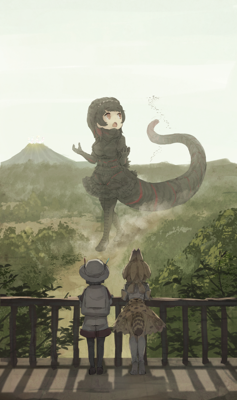 3girls animal_ears backpack bag bionekojita black_dress black_footwear black_hair black_legwear blonde_hair boots bucket_hat clouds cloudy_sky day dress elbow_gloves eyebrows_visible_through_hair fang fence frilled_skirt frills from_behind giantess gloves godzilla godzilla_(series) hat hat_feather high-waist_skirt highres kaban_(kemono_friends) kemono_friends long_tail looking_up mountain multiple_girls open_mouth outdoors pantyhose print_skirt red_eyes sandstar serval_(kemono_friends) serval_ears serval_print serval_tail shadow shin_godzilla short_hair short_sleeves shorts skirt sky tail tiptoes tree walking yellow_skirt