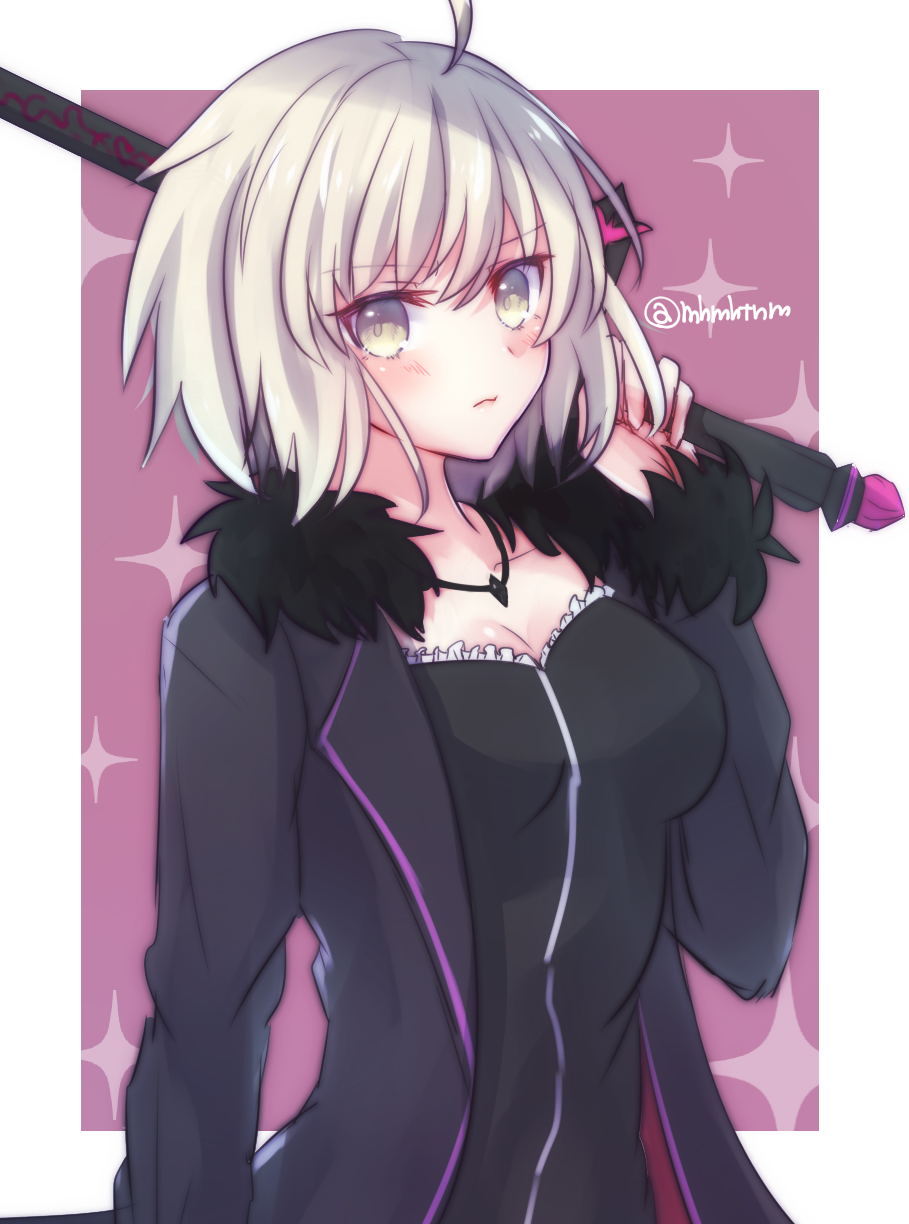 1girl ahoge black_dress black_jacket blonde_hair dress eyebrows_visible_through_hair fate/grand_order fate_(series) fur_trim highres holding holding_sword holding_weapon jacket jeanne_alter jewelry long_sleeves looking_at_viewer necklace over_shoulder ruler_(fate/apocrypha) short_hair silver_hair solo sword tanaji twitter_username upper_body weapon weapon_over_shoulder