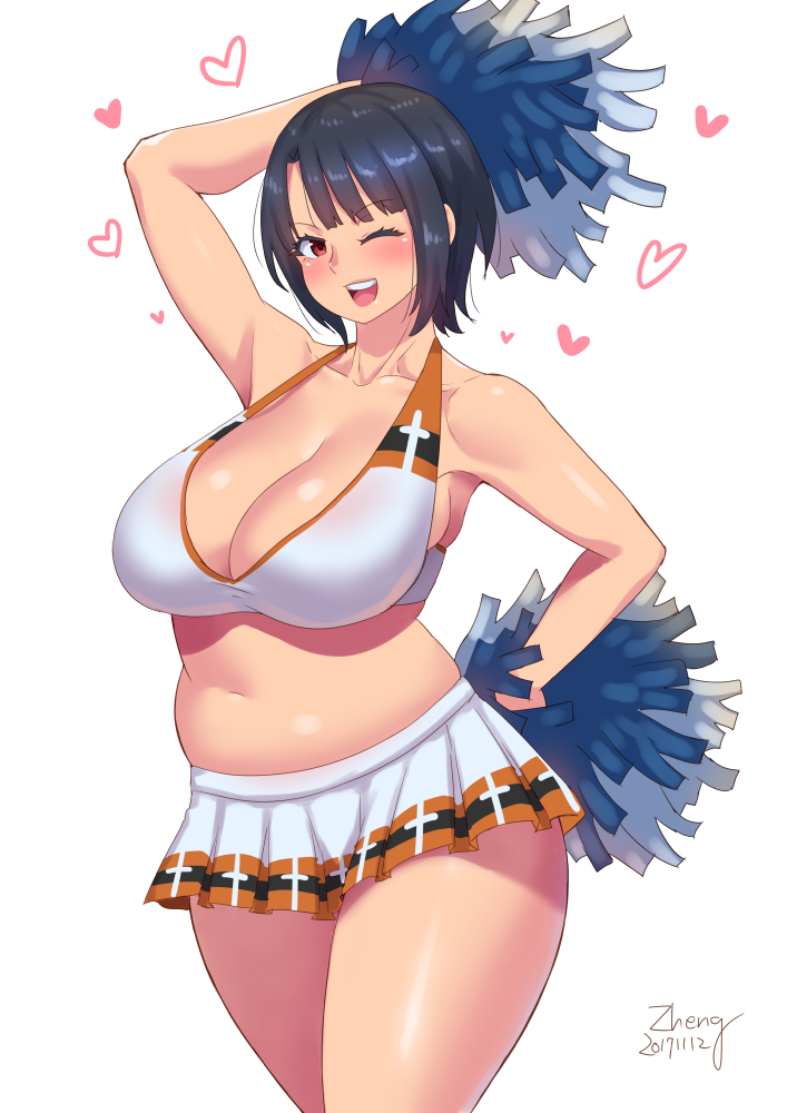 1girl ;d alternate_costume arm_up artist_name bangs black_hair blush breasts cheerleader cleavage collarbone cowboy_shot curvy dated eyebrows_visible_through_hair hand_on_hip heart holding kantai_collection large_breasts looking_at_viewer miniskirt navel one_eye_closed open_mouth pleated_skirt plump red_eyes short_hair simple_background skirt sleeveless smile solo standing stomach strap_gap takao_(kantai_collection) teeth thighs white_background white_skirt zheng