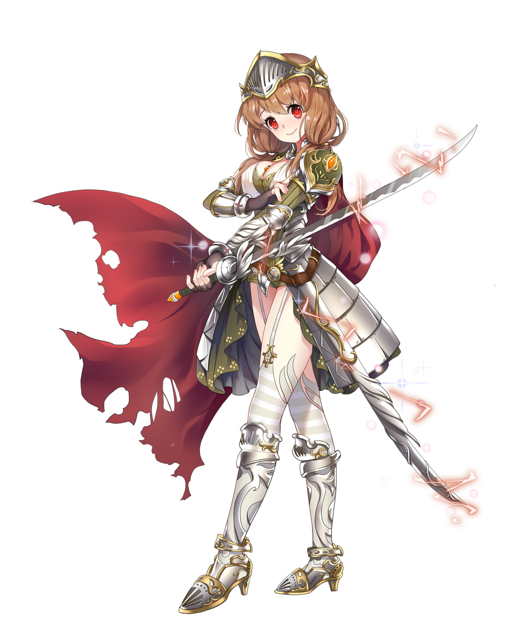 1girl armor armored_dress bangs black_gloves blush boots breasts brown_hair cape electricity faulds fingerless_gloves full_body gloves greaves grey_legwear highres holding holding_sword holding_weapon knee_boots long_hair looking_at_viewer medium_breasts miemia red_cape red_eyes royal_flash_heroes sheath simple_background smile solo spaulders sword thigh-highs torn_cape visor_(armor) weapon white_background