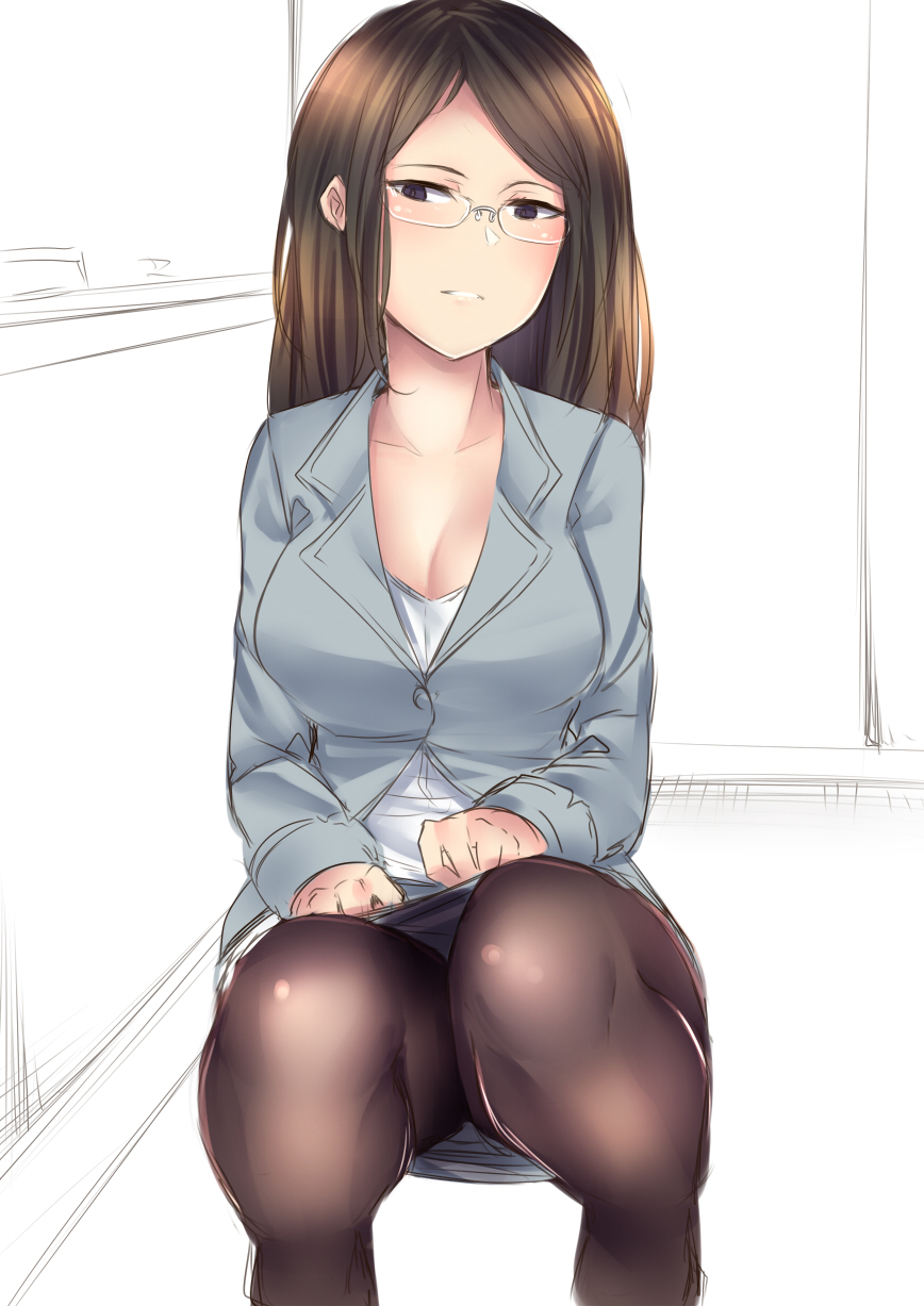 1girl black_legwear blue_suit breasts brown_hair business_suit formal glasses greenopi highres legs_together long_hair long_sleeves looking_at_viewer medium_breasts office_lady original pantyhose pencil_skirt skirt skirt_suit solo squatting suit under-rim_eyewear white_background