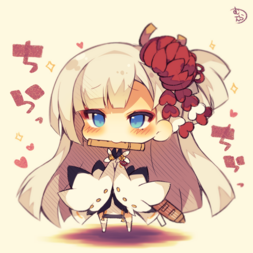 1girl azur_lane blue_eyes chibi eyeshadow flight_deck flute hair_ornament instrument japanese_clothes long_hair looking_at_viewer makeup mouth_hold muuran shoukaku_(azur_lane) solo translated white_hair