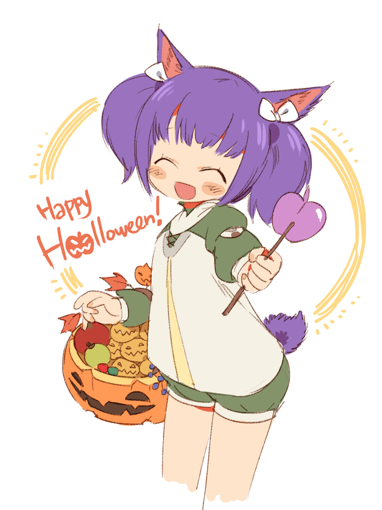 1girl animal_ears blush_stickers bow cat_ears cat_tail closed_eyes final_fantasy final_fantasy_xiv hair_bow happy_halloween jack-o'-lantern mao_yu miqo'te open_mouth purple_hair short_hair shorts simple_background solo standing tail