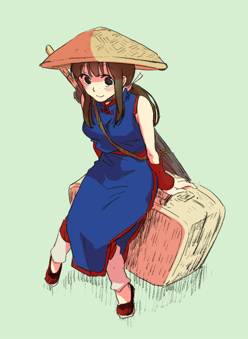 1girl bangs black_eyes black_hair chi-chi_(dragon_ball) chinese_clothes dragon_ball eyebrows_visible_through_hair fukuko_fuku grey_background hat looking_at_viewer ponytail shaded_face simple_background sitting smile solo_focus straw_hat wristband