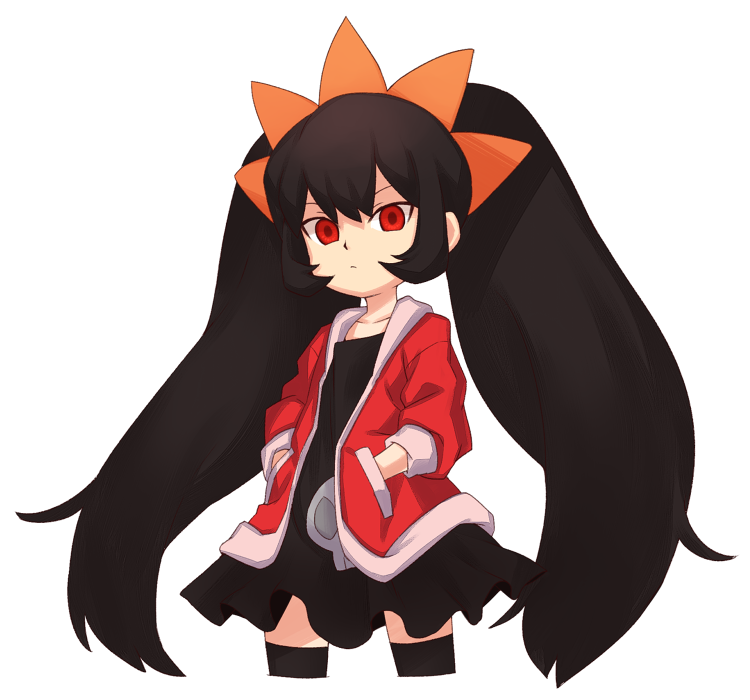 1girl ashley_(warioware) black_dress black_hair black_legwear blouse crazy_galaxy dress hair_ornament hairband hands_in_pockets hood hoodie long_hair low_twintails red_eyes red_hoodie short_twintails solo thigh-highs twintails warioware yagi_(ningen) zettai_ryouiki