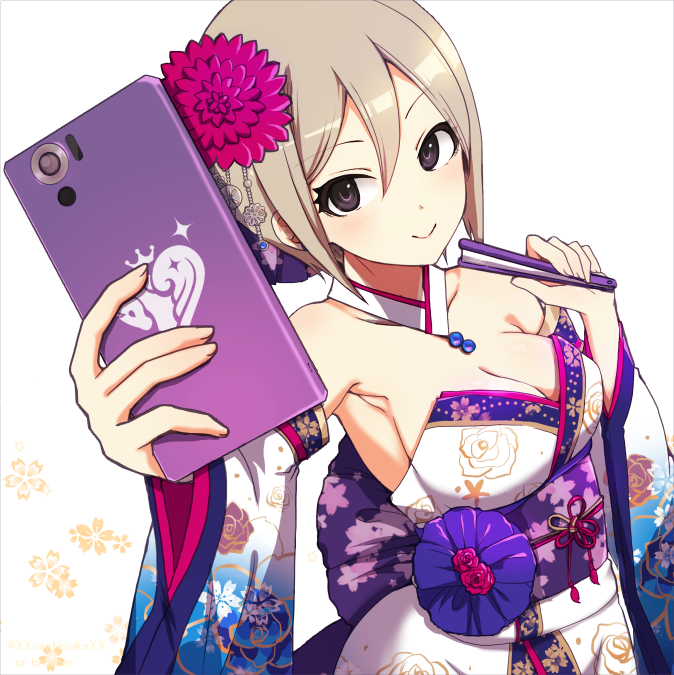 1girl armpit_peek bare_shoulders black_eyes border breasts cellphone cleavage closed_fan closed_mouth collar detached_sleeves eyebrows_visible_through_hair eyelashes fan floral_background floral_print flower folding_fan foreshortening hair_between_eyes hair_flower hair_ornament holding holding_fan holding_phone idolmaster idolmaster_cinderella_girls idolmaster_cinderella_girls_starlight_stage japanese_clothes kimono large_breasts logo nachisuke obi outstretched_arm paper_fan phone rose rose_print sash self_shot shiomi_shuuko short_hair silver_hair smartphone smartphone_case smile solo upper_body white_background white_collar white_kimono