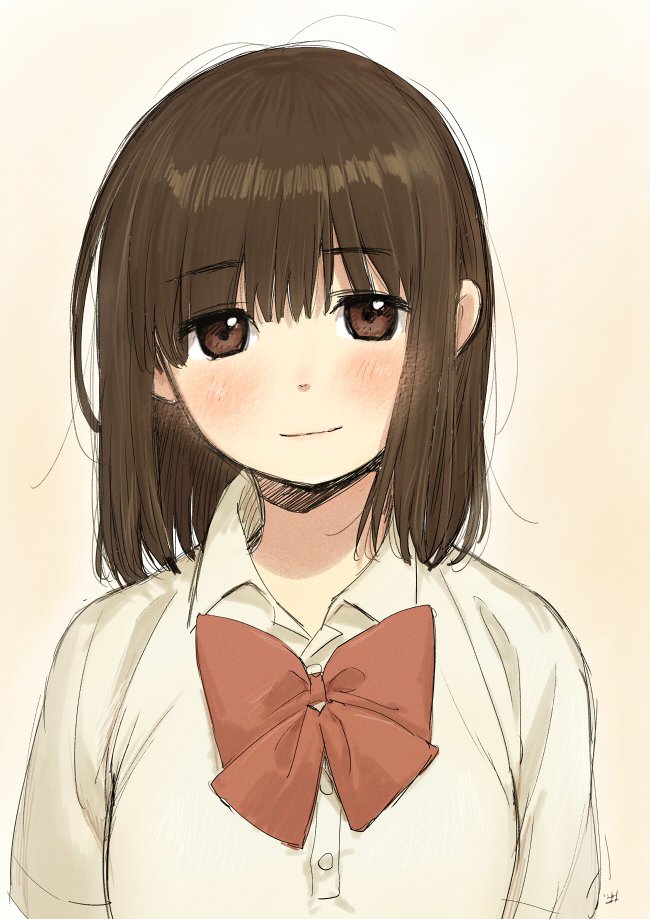 1girl bangs blouse blush bow bowtie brown_eyes brown_hair buttons closed_mouth commentary_request eyebrows_visible_through_hair kawai_makoto light_smile looking_at_viewer red_neckwear short_hair short_sleeves sketch solo upper_body white_blouse wing_collar