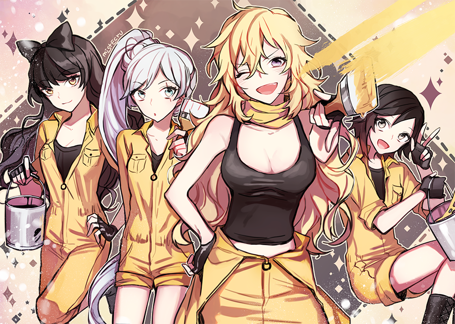 4girls artist_name blake_belladonna breasts cleavage coveralls ecru fingerless_gloves gloves large_breasts multiple_girls one_eye_closed open_clothes paint_can paintbrush ruby_rose rwby scar scar_across_eye tank_top weiss_schnee yang_xiao_long