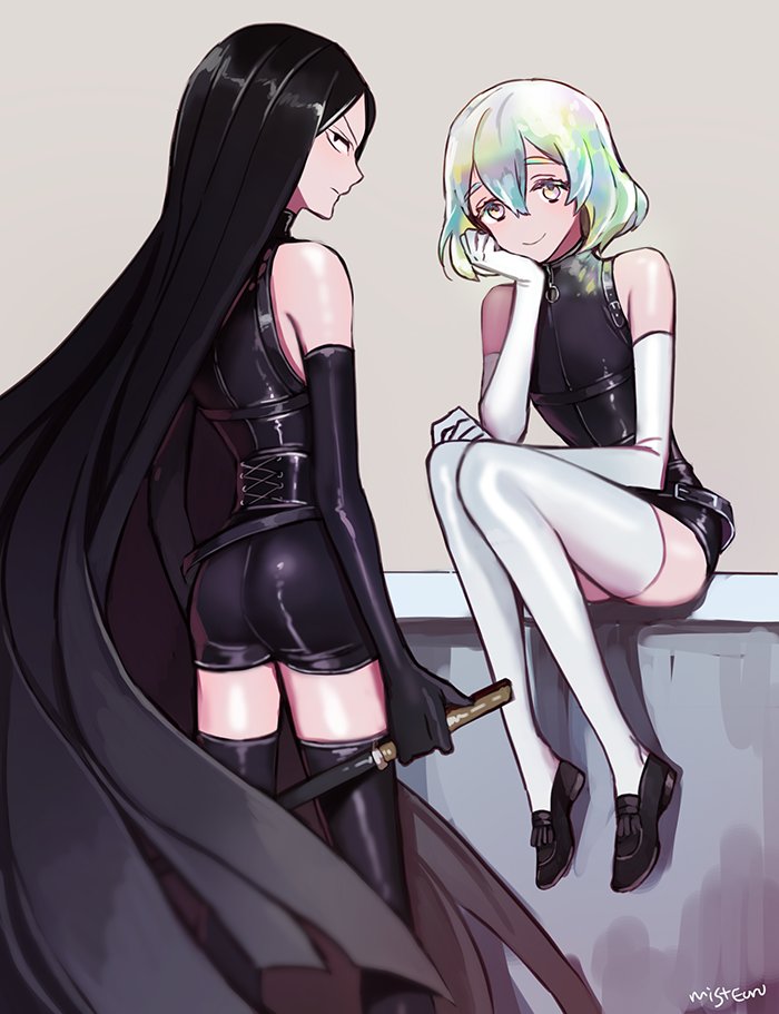2others bort commentary_request dagger diamond_(houseki_no_kuni) ecru elbow_gloves gloves houseki_no_kuni leather_suit long_hair looking_at_viewer multiple_girls multiple_others short_hair smile thigh-highs weapon