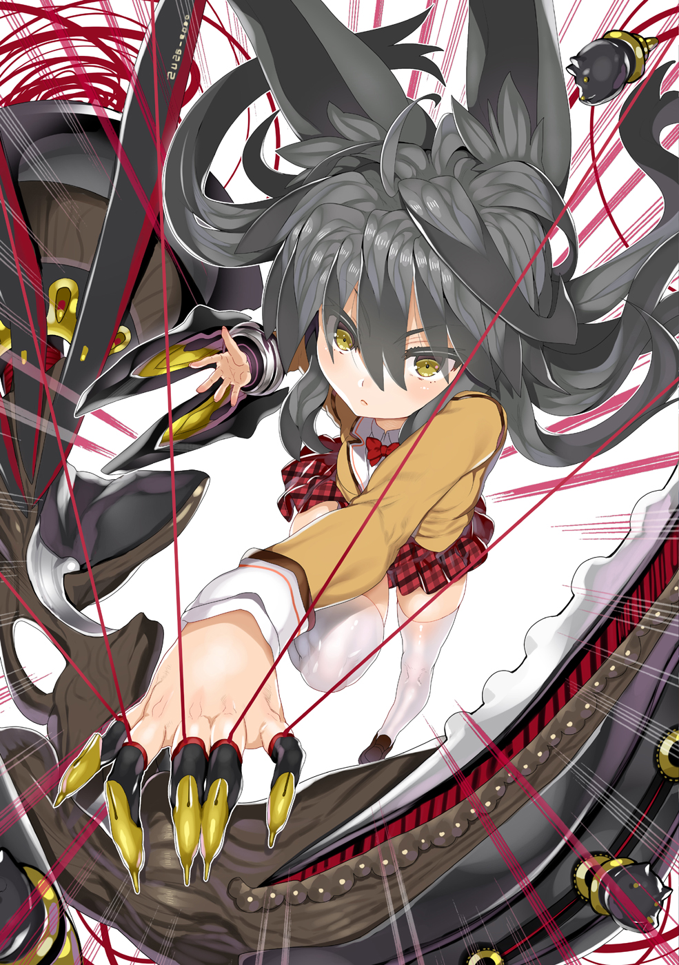 1girl black_hair breasts char highres loafers long_hair looking_at_viewer original pleated_skirt school_uniform shoes skirt solo thigh-highs white_legwear yellow_eyes
